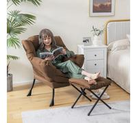 COSTWAY Fauteuil Salon Scandinave avec Repose-Pieds, Fauteuil Relax avec Oreiller et Poche Latérale, Confortable pour Lecture, Cadre en Métal pour Charger de 150 kg (Café)