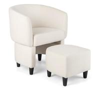 COSTWAY Fauteuil Tonneau Rembourré en Velours avec Pouf-Repose-pieds, Cadre en Bois Massif, Patins en Feutre Antidérapants, Beige