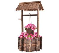 COSTWAY Fontaine de Jardin d'Ornement en Bois de Sapin Traité Carbonisation, Puit de Jardin 56 x 56 x 114 cm avec Seau et Manivelle, Décorative de Jardin