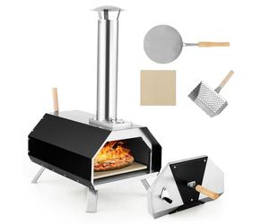 COSTWAY Four à Bois pour Pizza avec Pelle Pare-feu Pieds Pliables Pierre à Pizza de 30,5cm, Four à Pizza Extérieur Portable en Acier Inoxydable, Cheminée Amovible pour Jardin Terrasse