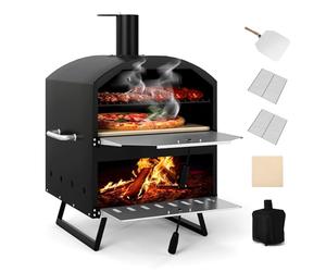 COSTWAY Four à Pizza Extérieur Portable à Bois, Four à Pizza à Deux Couches Extra-Large avec Pierre Carrée Pelle à Pizza Grilles de Cuisson Housse, pour Camping Jardin Fête BBQ