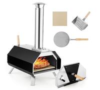 COSTWAY Four à Pizza Extérieur Portable en Acier Inoxydable avec Pierre à Pizza de 30,5cm, Four à Bois pour Pizza avec Pelle Pare-feu Pieds Pliables Cheminée Amovible pour Jardin Terrasse