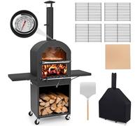 COSTWAY Four à Pizza Extérieur Roulettes, Four à Bois Portable avec Housse de Protection avec Pierre à Pizza Pelle Thermomètre Intégré et Rangement pour Barbecue Camping