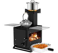 COSTWAY Four de jardin pour cuisiner, Four de camping avec support pour casseroles, poêle, 2 grils & fenêtre, Four à bois, Four de tente portable 54x36x44cm