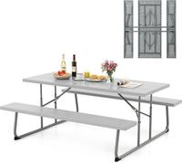 COSTWAY Garniture de table de brasserie pliante, 183cm Garniture de table de brasserie avec plateau de table HDPE, trou de parapluie & cadre métallique, Garniture de siège en imitation bois