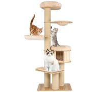 COSTWAY Grand Arbre à Chat en Bois Massif, Arbre à Chat à Plusieurs Niveaux avec Condo en Bois et Hamac, Tour à Chat avec Poteaux en Sisal, Charge 15KG pour Chaque Couche, Beige (191CM)