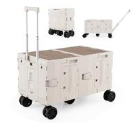 COSTWAY Grand Chariot de Plage Pliable avec Caisses de Rangement à 2 Niveaux, Chariot Portable avec 5 Roues Pivotantes Poignée Télescopique en Métal, pour Courses Camping Déménagement (Blanc)