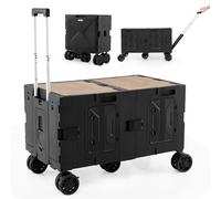 COSTWAY Grand Chariot de Plage Pliable avec Caisses de Rangement à 2 Niveaux, Chariot Portable avec 5 Roues Pivotantes Poignée Télescopique en Métal, pour Courses Camping Déménagement (Noir)