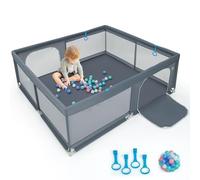 COSTWAY Grand Parc pour Bébé avec 50 Balles Océaniques, Clôture pour Tout-Petits avec 4 Anneaux à Main, Centre d'Activités pour Bébé avec Maille Respirante, 200 x 180x 68 cm (Gris)