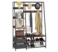 COSTWAY Grand Porte-Manteau Vestiaire 9 Crochets Doubles, 2 Tiroirs Non-tissé, 6 Étagères, 1 Banc à Chaussures, Meuble d’Entrée Style Industriel Cadre en Acier pour Bureau, Chambre, 122x40x180CM