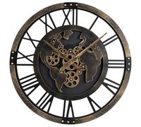COSTWAY Grande Horloge Murale 68 cm, Pendule Chiffres Romains Décorative Silencieuse sans Tic Tac Motif Carte du Monde avec Engrenages Mobiles, Décoration Murale à Pile pour Salon Bureau