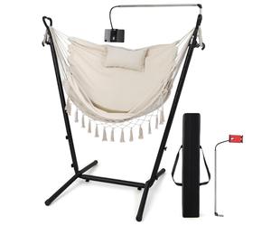 COSTWAY Hamac sur Pied avec Support en Métal, 6 Hauteurs 96-146 cm, Beige | Charge 250 kg, Chaise Suspendue en Coton Tissé, Oreiller, Poche Latérale, Porte-Téléphone, Sac