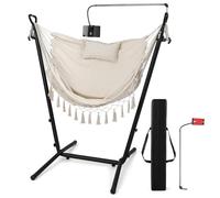 COSTWAY Hamac sur Pied avec Support en Métal 6 Hauteurs 96-146 cm, Chaise Suspendue en Coton Tissé Charge 250KG avec Oreiller Poche Latérale Porte-Téléphone et Sac (Beige)