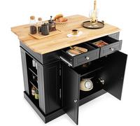 COSTWAY Ilot Central Cuisine Comptoir en Bois d'Hévéa Pliable, Étagères Réglables à 3 Niveaux, Desserte de Cuisine de Service avec Tiroirs, Supports Latéraux et 2 Portes, 61 x 120 x 92 cm, Noir