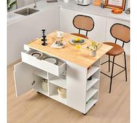 COSTWAY Ilot Central Cuisine Plateau en Bois d'Hévéa Pliable, Desserte à roulettes Porte-Serviettes Porte-épices, Meuble de Rangement Tiroir Armoire à Portes Étagère Ouverte 124x76x92 cm, Blanc