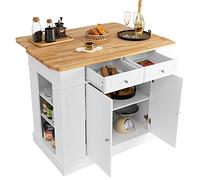 COSTWAY Ilot Central Cuisine Plateau en Bois d'Hévéa Pliable, Étagères Réglables à 3 Niveaux, Desserte de Cuisine avec Tiroirs, Supports Latéraux et 2 Portes, 61 x 120 x 92 cm, Blanc