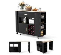 COSTWAY Ilot Central de Cuisine 2 en 1, Meuble de Bar, Desserte sur roulettes avec Plans de Travail en Bois d'Hévéa, Étagère Réglable, Casier à Vin pour 12 Bouteilles, Style Nordique (Noir)
