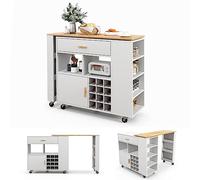 COSTWAY Ilot Central de Cuisine 2 en 1, Meuble de Bar, Desserte sur roulettes avec Plans de Travail en Bois d'Hévéa, Étagère Réglable, Casier à Vin pour 12 Bouteilles, Style Nordique (Blanc)