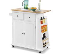 COSTWAY îlot de cuisine avec porte-serviettes, chariot de cuisine roulant en bois caoutchouté avec étagère réglable & 2 tiroirs & étagère à épices, chariot de service moderne avec roues avec freins (b