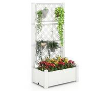 COSTWAY Jardinière avec Treillis à 3 Hauteurs Arrosage Automatique, Lit de Jardin Surélevé avec Indicateur de Niveau d'Eau Séparateurs Amovibles Trou de Drainage, pour Plante Grimpante (Blanc et Gris)