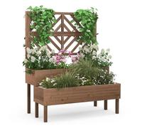 COSTWAY Jardinière avec Treillis en Bois de Sapin, Bac à Fleurs Rectangulaire avec Trou de Drainage pour Plante Grimpante, Marron