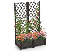 COSTWAY Jardinière avec Treillis sur Pied, Double Bac à Fleur Auto-arrosage en Rotin PP avec Maille Diamant Trou de Drainage, Lit de Jardin pour Plantes Grimpantes Légumes (80 x 40 x 122 cm)