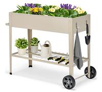 COSTWAY Jardinière Surélevé en Métal avec Pieds, Lit de Jardin sur Roulette avec Étagère de Rangement Trous de Drainage Crochets de Suspension et Poignée, pour Légumes Fleurs (Blanc)