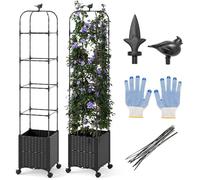 COSTWAY Jardinière Surélevée 211CM, 2 en 1 avec Bac à Planter et Treillis, Roues Verrouillables, Hauteur Réglable, Auto-Arrosant