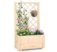 COSTWAY Jardinière Surélevée avec Treillis en Bois de Sapin avec Trou de Drainage, Bac à Fleurs pour Plante Grimpante Vigne, Lit de Jardin Intérieur/Extérieur, Naturel (58 x 35 x 101 cm)