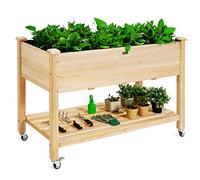 COSTWAY Jardinière Surélevée en Bois Mobile avec Roues Verrouillables, Lit de Jardin avec Étagère de Rangement et Doublure de Protection 4 Trous de Drainage, pour Fleurs Légumes (120 x 59 x 84 cm)