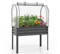 COSTWAY Jardinière Surélevée en Métal avec Serre, Carré Potager avec Bâche de Protection, Mini Serre Extérieure avec Porte Zippée Enroulable, pour Légumes Plantes Fleurs (Gris)