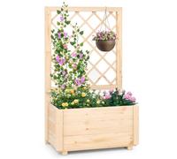 COSTWAY Jardinière Surélevée en Sapin avec Treillis pour Plantes Grimpantes, Fleurs, Légumes, Fruits, Drainage, 58 x 35 x 101 cm