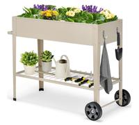 COSTWAY Jardinière Surélevée sur Roulettes 65L avec Etagère Grillagée,2 Crochets de Suspension,Poignée en Métal 95 x 40 x 80 cm