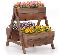 COSTWAY Jardinière Surélevée Verticale en Bois, Lit de Jardin à 2 Niveaux avec 3 Bacs à Plantes Charge 30KG Trous de Drainage, pour Fruits Fleurs Légumes, Marron 66 x 73 x 73 cm