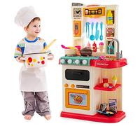 COSTWAY Jeu de Cuisine pour Enfants avec 38 Accessoires, Jeu de Simulation avec Lumières et Sons Réalistes, Vapeur & Eau Courante, Jouet de Cuisine pour Enfants de 3 Ans+, 45 x 26 x 79 CM (Rose)