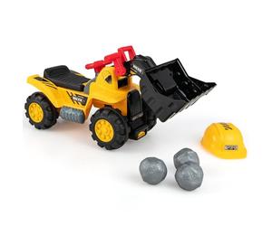 COSTWAY Jouet Bulldozer Porteur Enfant avec Godet Réglable & Effets Sonores, Pelle Excavatrice Enfant avec 3 Pierres & Casque, Volant & 4 Roues, Excavateur pour 3 Ans+, Charge 25kg