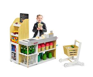 COSTWAY Jouet de Supermarché pour Enfant, Marchande en Bois avec Caisse de Supermarché, Scanner, Chariot,Lecteur de Carte, Carte de crédit, 5 Coins, Jeu d'imitation pour Garçons et Filles 3 Ans+