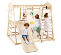 Costway Jouet Escalade 8 En 1 Enfants Montessori - Toboggan, Échelle, Mur, Balançoire Et Barre, Station De Jeux 3 Ans+ Naturel