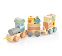COSTWAY Jouet Train en Bois Bébé avec 3 Wagons & 13 Pièces de Blocs, Train à Tirer en Bois avec Motifs d’Animaux & Corde de Remorquage, Jouet Educatif pour Bébé de 18 Mois+, 38 x 7 x 12,5 cm
