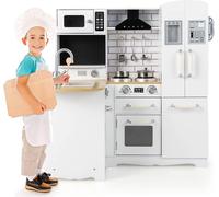 COSTWAY Kit cuisine d'angle pour enfants, Cuisine en bois pour enfants en forme de L avec cuisinière, hotte, téléphone mignon, réfrigérateur, machine à laver & ustensiles de cuisine, Cuisine jouet pou