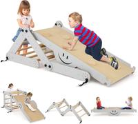 COSTWAY Kit d'escalade, Jouets d'escalade en bois pliables avec rampe réglable & réversible, échelle d'escalade, pierres à grimper & bascule pour enfants