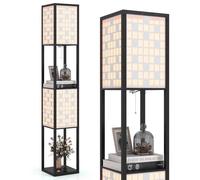 COSTWAY Lampadaire à Motif Quadrillé, Lampe sur Pied avec 2 Étagères & 2 Abat-jours, Interrupteur à Pied & Chaîne à Tirer, Douille E27 sans Ampoule, Lampadaire pour Salon Chambre Bureau