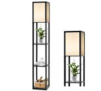COSTWAY Lampadaire d'Etagère, Lampe Debout pour Chambre à Coucher, Salon, Cadre en Bois avec Etagères d'Affichage Ouvertes de 3 Niveaux, Lampe de Plancher avec Abat-jour, Noir