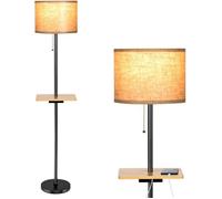 COSTWAY Lampadaire Moderne 153CM avec Tablette Abat-jour en Tissu de Lin et Plateau en Bois d'Hévéa 2 Ports USB de Charger