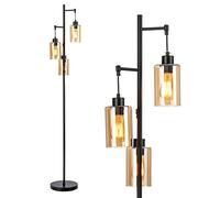 COSTWAY Lampadaire sur Pied Salon, Lampe Salon avec Interrupteur à Pied, Abat-Jour en Verre Ambré à 3 Têtes Suspendues, Base en Métal, Lampadaire pour Chambre Bureau