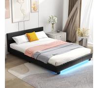 COSTWAY Lit 140x200 cm avec Éclairage LED et Sommier à Lattes, Cadre de lit Plateforme Tapissé avec Tête de Lit, Poches latérales, pour 2 Personnes, Moderne, Montage Facile (Noir)