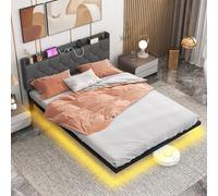 COSTWAY Lit 160x200 cm Design Flottant avec Éclairage LED, Cadre de Lit Double avec Sommier et Tête de Lit Rembourrée Réglable, Multiprise 2 Prises 2 Ports USB, Contrôle par APP, Assemblage Facile