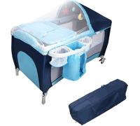 COSTWAY Lit Bébé Parapluie pour Voyage avec Matelas Bleu 120 x 60 x 76 cm 2 Etages Moustiquaire+3Jouets+Boîte à Musique avec