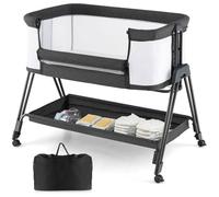 COSTWAY Lit Cododo Berceau Bébé avec Matelas, 4 Roues Verrouillables, Sangles AttachéEtagère de Rangement, 7 Hauteurs Réglables,