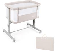 COSTWAY Lit d'appoint 3 en 1, Lit de voyage pour bébé avec matelas, Lit de bébé & berceau & lit d'enfant réglable en hauteur sur 5 niveaux inclinable, Poussette d'allaitement Beige